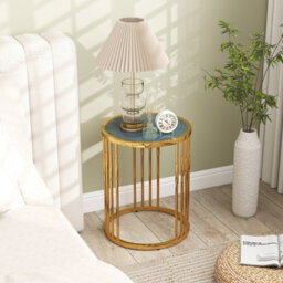 Gainoom Golden Glass Coffee Table 40Cm Round Side Table With Gold Metal Frame - thumbnail 4