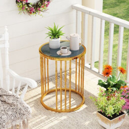 Gainoom Golden Glass Coffee Table 40Cm Round Side Table With Gold Metal Frame - thumbnail 1