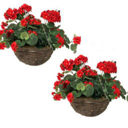 Primrose Pair Of Large Artificial Geranium Flowers Rattan Hanging Basket Decoration Red 30Cm