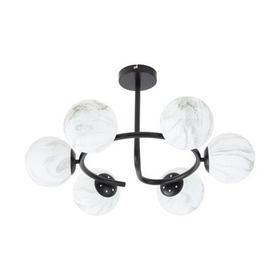 Living And Home Modern E27 6-Light Semi Flush Mount Ceiling Light With Marble-Effect Glass Shades And Black Iron Frame, 20W - image 1
