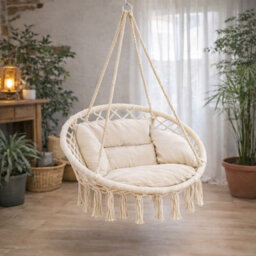 Detex Boho Hanging Chair, 60Cm Diameter, 150Kg Capacity, 360 Swing Hammock Rocking Chair With 2 Chair Cushions, Cream - thumbnail 2