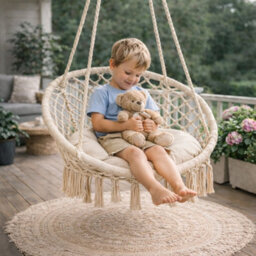 Detex Boho Hanging Chair, 60Cm Diameter, 150Kg Capacity, 360 Swing Hammock Rocking Chair With 2 Chair Cushions, Cream - thumbnail 7