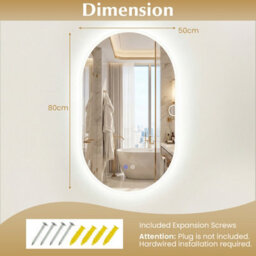 Costway 80 X 50 Cm Lighted Bathroom Mirror Backlit Hd Tempered Glass Frameless Oval Mirror - thumbnail 3