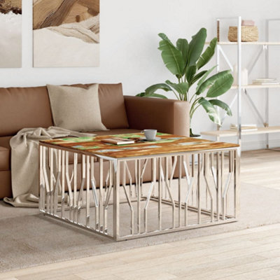 Berkfield Coffee Table Silver Stainless Steel And Solid Wood Reclaimed - image 1