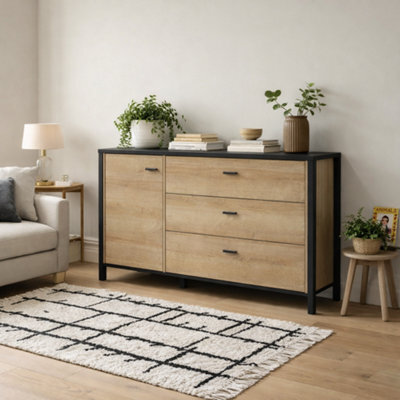 Wyld Haus Egtved Sideboard Black And Natural Oak-Effect, 1 Door 3 Drawers, Large - image 1