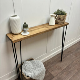 Off the Grain Rustic Console Table With Steel Hairpin Legs -  Hallway Wooden Table  - Jacobean Finish  100Cm Length
