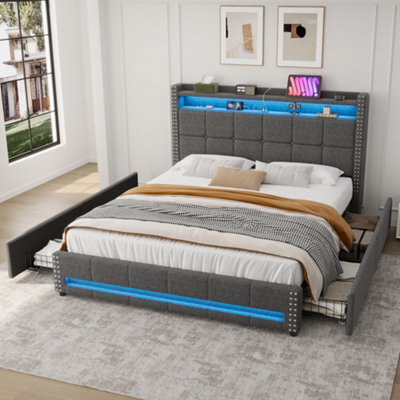 Abrihome 4Ft6 Double Upholstered Storage Bed With Led Headboard - Grey Linen Fabric, 4 Storage Drawers, Usb/type-C Charging Station - image 1