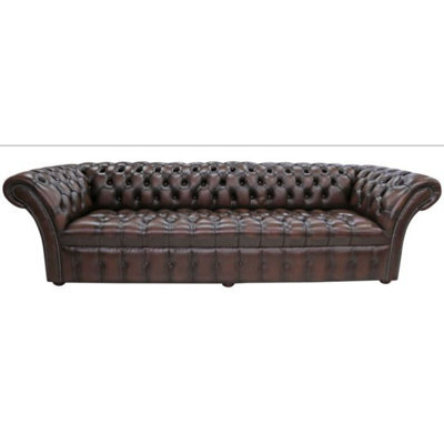 Chesterfield 4 Seater Buttoned Seat Sofa Settee Antique Brown Leather In Balmoral Style - image 1