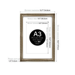 A3 Gunmetal  Ornate Picture Frame (42 X 29.7Cm) With Mount For A4 Poster, Photo, Artwork, Gallery Wall Or Print - thumbnail 2