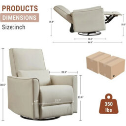Swivel Rocking Recliner Chair Manual Leather Glider With Lumbar Padded Armrest - thumbnail 2