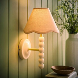 Valuelights Bobbins Cream Bobble Wall Light And Natural Trim Linen Lamp Shade And Bulb