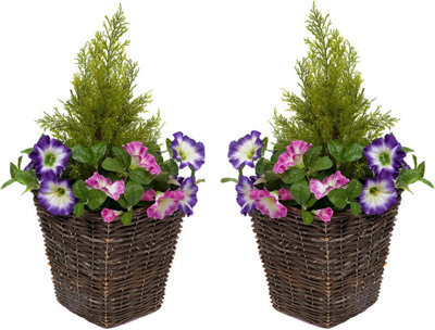 Greenbrokers 2 X Artificial Purple & Pink Petunias Rattan Patio Planters - image 1