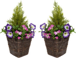 Greenbrokers 2 X Artificial Purple & Pink Petunias Rattan Patio Planters - thumbnail 1