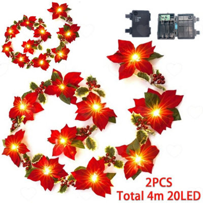 Amorly Battery Operated 2Pcs Pre Lit Poinsettia Garland, Artificial Velvet Red Flower Garland With Berries, Christmas Hanging Decor - image 1