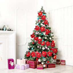 Amorly Battery Operated 2Pcs Pre Lit Poinsettia Garland, Artificial Velvet Red Flower Garland With Berries, Christmas Hanging Decor - thumbnail 6