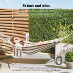 Vonhaus Garden Hammock, 1 Person Striped Hammock With Rope Attachments & Storage Bag, Polycotton Single Hammock, Blue & White - thumbnail 2