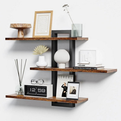 Brown 3-Tier 50Cm Wooden Floating Shelves Metal Brackets - image 1