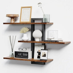 Brown 3-Tier 50Cm Wooden Floating Shelves Metal Brackets - thumbnail 1