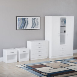 Lassic Vida Designs Riano 4 Piece Bedroom Set (1 Drawer Bedside Chest, 4 Drawer Chest, 3 Door 2 Drawer Mirrored Wardrobe), White