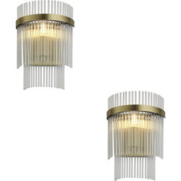 Loops 2 Pack Indoor Antique Brass Plate Wall Light - Clear Glass Rod Decorative Shade - Dimmable