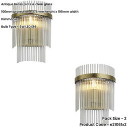 Loops 2 Pack Indoor Antique Brass Plate Wall Light - Clear Glass Rod Decorative Shade - Dimmable - thumbnail 2