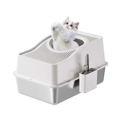 London Boutique 60X40X34.5Cm Stainless Steel Enclosed Cat Litter Box, Top Entry High Sided Tray, Scoop, White - image 1