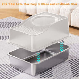 London Boutique 60X40X34.5Cm Stainless Steel Enclosed Cat Litter Box, Top Entry High Sided Tray, Scoop, White - thumbnail 4