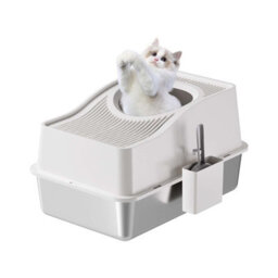London Boutique 60X40X34.5Cm Stainless Steel Enclosed Cat Litter Box, Top Entry High Sided Tray, Scoop, White - thumbnail 1