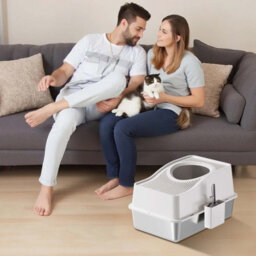 London Boutique 60X40X34.5Cm Stainless Steel Enclosed Cat Litter Box, Top Entry High Sided Tray, Scoop, White - thumbnail 7
