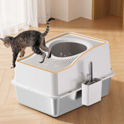 London Boutique 60X40X34.5Cm Stainless Steel Enclosed Cat Litter Box, Top Entry High Sided Tray, Scoop, White - thumbnail 2
