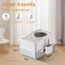 London Boutique 60X40X34.5Cm Stainless Steel Enclosed Cat Litter Box, Top Entry High Sided Tray, Scoop, White - thumbnail 3