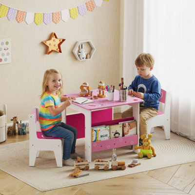 Aiyaplay 3 Pieces Kids Table And Chair Set With Bookshelves, Pink - image 1