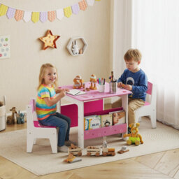 Aiyaplay 3 Pieces Kids Table And Chair Set With Bookshelves, Pink - thumbnail 1