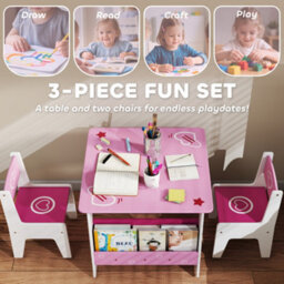 Aiyaplay 3 Pieces Kids Table And Chair Set With Bookshelves, Pink - thumbnail 4