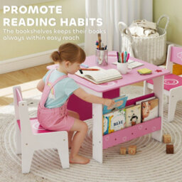 Aiyaplay 3 Pieces Kids Table And Chair Set With Bookshelves, Pink - thumbnail 6