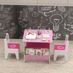 Aiyaplay 3 Pieces Kids Table And Chair Set With Bookshelves, Pink - thumbnail 9