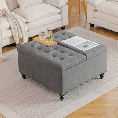 Living And Home Square Grey Linen Upholstered Storage Ottoman With Lift-Top And Flip Design - image 1