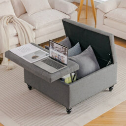 Living And Home Square Grey Linen Upholstered Storage Ottoman With Lift-Top And Flip Design - thumbnail 2