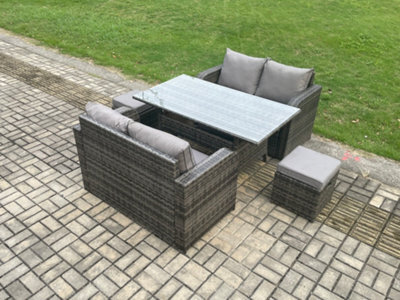 Fimous Patio Rattan Garden Furniture Set With Oblong Dining Table 2 Small Footstools 6 Seater Outdoor Loveseat Sofa Set - image 1