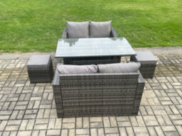 Fimous Patio Rattan Garden Furniture Set With Oblong Dining Table 2 Small Footstools 6 Seater Outdoor Loveseat Sofa Set - thumbnail 2