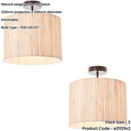 Loops 2 Pack Natural Seagrass Matt Black Semi Flush Low Ceiling Light - 10W Led E27 - thumbnail 2