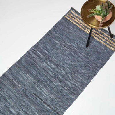Homescapes Grey Recycled Leather Handwoven Stripe Rug, 66 X 200 Cm - image 1