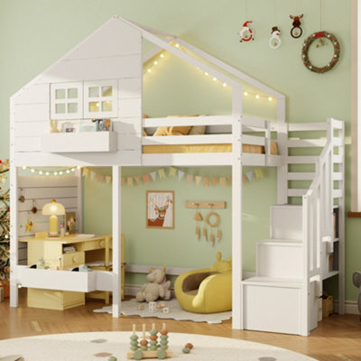 Abrihome Bunk Bed With Window, Children's Loft Bed With Safety Rail & Storage Stairs, White Solid Wood Bed Frame - image 1