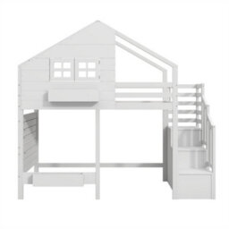 Abrihome Bunk Bed With Window, Children's Loft Bed With Safety Rail & Storage Stairs, White Solid Wood Bed Frame - thumbnail 6