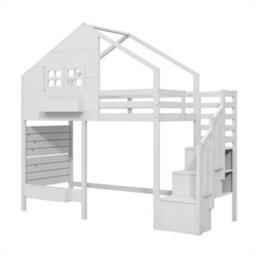 Abrihome Bunk Bed With Window, Children's Loft Bed With Safety Rail & Storage Stairs, White Solid Wood Bed Frame - thumbnail 7