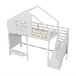 Abrihome Bunk Bed With Window, Children's Loft Bed With Safety Rail & Storage Stairs, White Solid Wood Bed Frame - thumbnail 8
