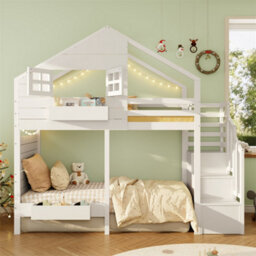 Abrihome Bunk Bed With Window, Children's Loft Bed With Safety Rail & Storage Stairs, White Solid Wood Bed Frame - thumbnail 9