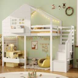 Abrihome Bunk Bed With Window, Children's Loft Bed With Safety Rail & Storage Stairs, White Solid Wood Bed Frame