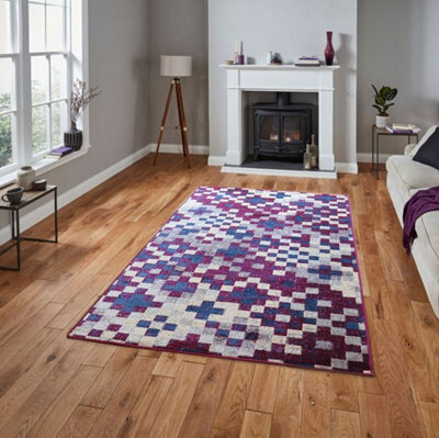 Aspect Furniture Multi Fractals Vintage Geometric Check Pattern Rug (Pink/blue/grey/cream),120X170Cm - image 1