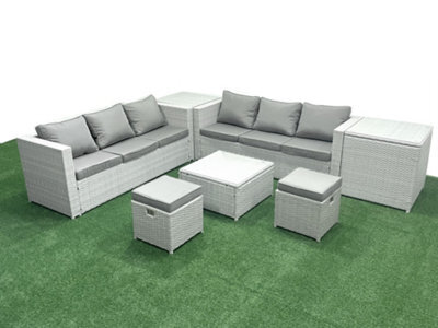 Fimous Rattan Garden Outdoor Furniture Set 8 Seater Rattan Garden Sofa Set 2 Small Stool 2 Side Tables Light Grey - image 1